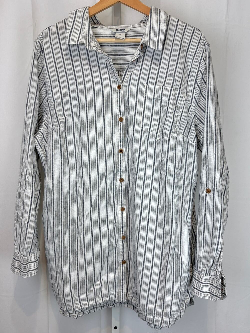 DULUTH Trading Artisan Hemp Tunic Button Up Top Organic Cotton Stripe Blue XL